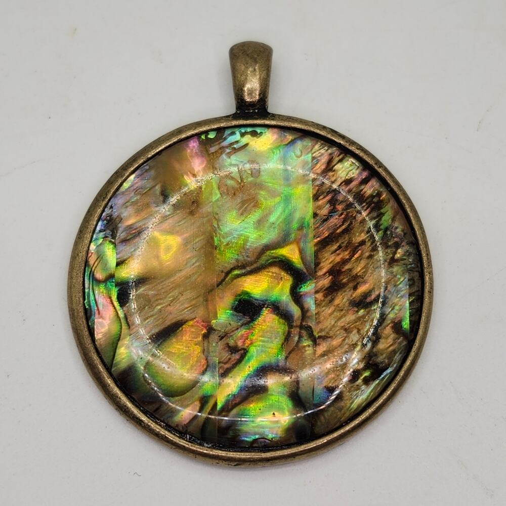 Kenneth Cole Abalone Shell Pendant KC Signed Gold Tone Round 1.25 Necklace Charm